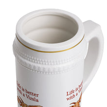 Load image into Gallery viewer, Life is better with a Vizsla Beer Stein - Jumping happy Vizsla dog original art on quality ceramic beer stein with gold accents