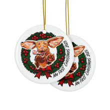 Load image into Gallery viewer, Ceramic Ornament - "My First Christmas 2025" Puppy Wreath Holiday Keepsake