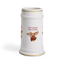 Load image into Gallery viewer, Life is better with a Vizsla Beer Stein - Jumping happy Vizsla dog original art on quality ceramic beer stein with gold accents