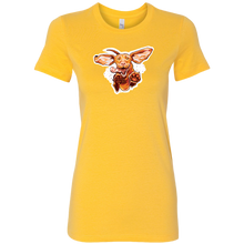 Load image into Gallery viewer, a bright yellow Bella women's t-shirt with the original super vizsla dog design