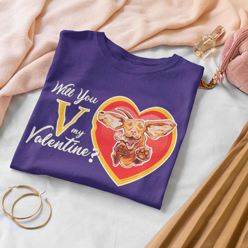Will you V my Valentine? Women's  purple shirt by super vizsla