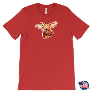 a men's red t-shirt featuring our original Hungarian Vizsla dog design on the front. Shirt made in the USA