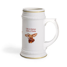 Load image into Gallery viewer, Life is better with a Vizsla Beer Stein - Jumping happy Vizsla dog original art on quality ceramic beer stein with gold accents
