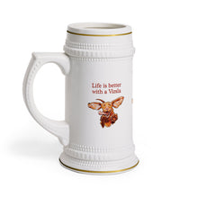 Load image into Gallery viewer, Life is better with a Vizsla Beer Stein - Jumping happy Vizsla dog original art on quality ceramic beer stein with gold accents
