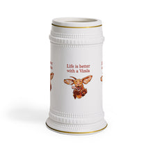 Load image into Gallery viewer, Life is better with a Vizsla Beer Stein - Jumping happy Vizsla dog original art on quality ceramic beer stein with gold accents
