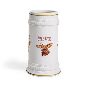 Life is better with a Vizsla Beer Stein - Jumping happy Vizsla dog original art on quality ceramic beer stein with gold accents