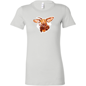 a white slim fit Bella women's t-shirt with the original super vizsla dog design