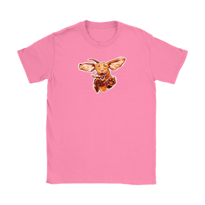 a womens pink tee with our original Super Vizsla dog design