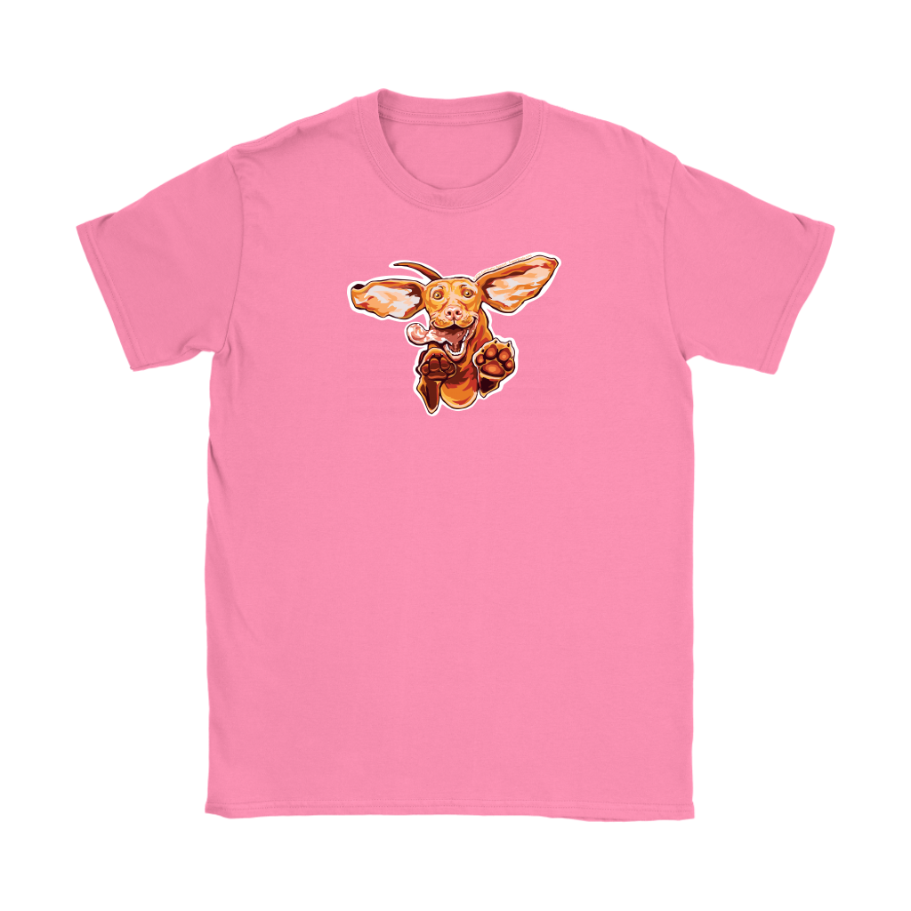 a womens pink tee with our original Super Vizsla dog design