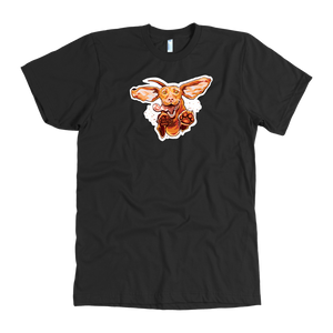 front view of a  men's vintage black t-shirt featuring the original Super Vizsla design 