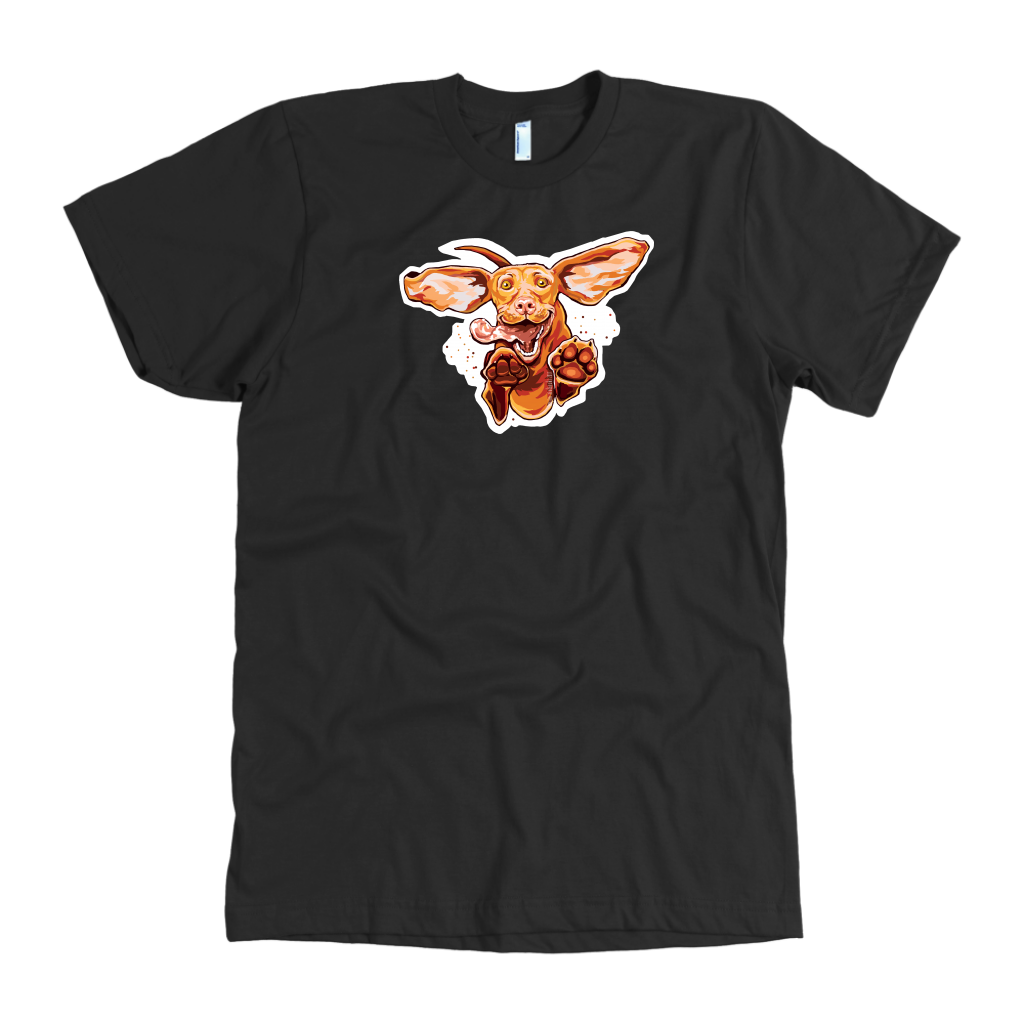 front view of a  men's vintage black t-shirt featuring the original Super Vizsla design 