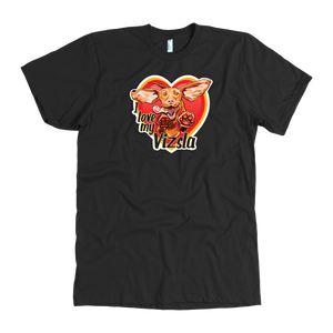 The "I love my Vizsla" design on the front of a quality men's black t-shirt