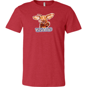 Front view of a men's dark red t-shirt featuring the Vizsla Dad design