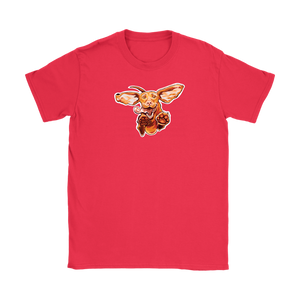 a womens red tee with our original Super Vizsla dog design