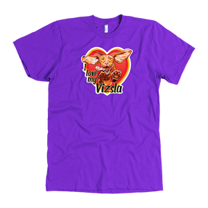 The "I love my Vizsla" design on the front of a quality men's purple t-shirt