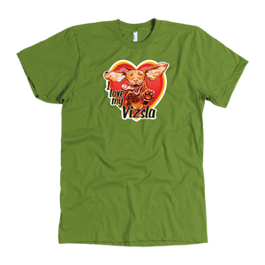 The "I love my Vizsla" design on the front of a quality men's lime green t-shirt