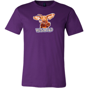 Front view of a men's purple t-shirt featuring the Vizsla Dad design