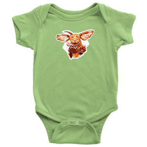  a light green onesie featuring our original Super Vizsla design on the front