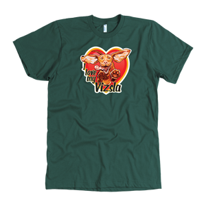 The "I love my Vizsla" design on the front of a quality men's green t-shirt