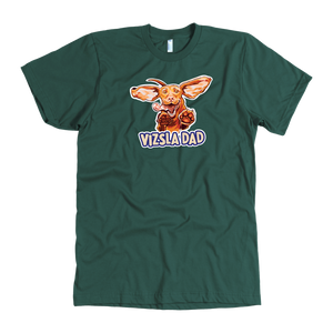 the Vizsla Dad design on a men's hunter green  t-shirt