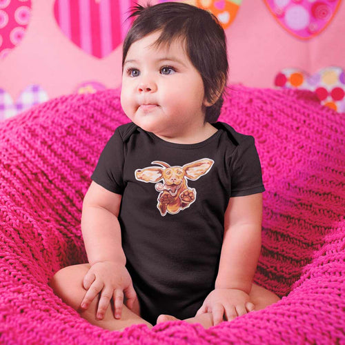 An baby sitting on a blanket wearing a black onesie featuring our original Super Vizsla design on the front