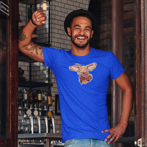 man smiling wearing a blue American Apparel t-shirt featuring the original Super Vizsla design on the front