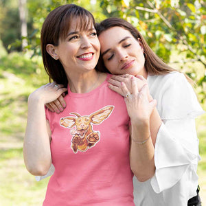 smiling woman with her daughter wearing a womens pink tee with our original Super Vizsla dog design