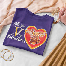 Load image into Gallery viewer, Will you V my Valentine? Women&#39;s  purple shirt by super vizsla

