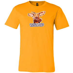 Front view of a men's bright orange t-shirt featuring the Vizsla Dad design