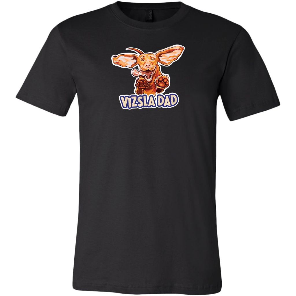 Front view of a men's black t-shirt featuring the Vizsla Dad design