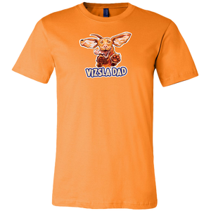 Front view of a men's bright orange t-shirt featuring the Vizsla Dad design