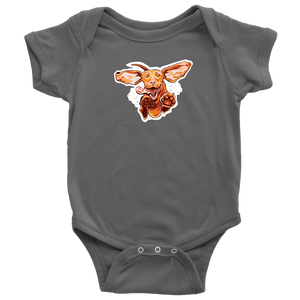  a grey onesie featuring our original Super Vizsla design on the front