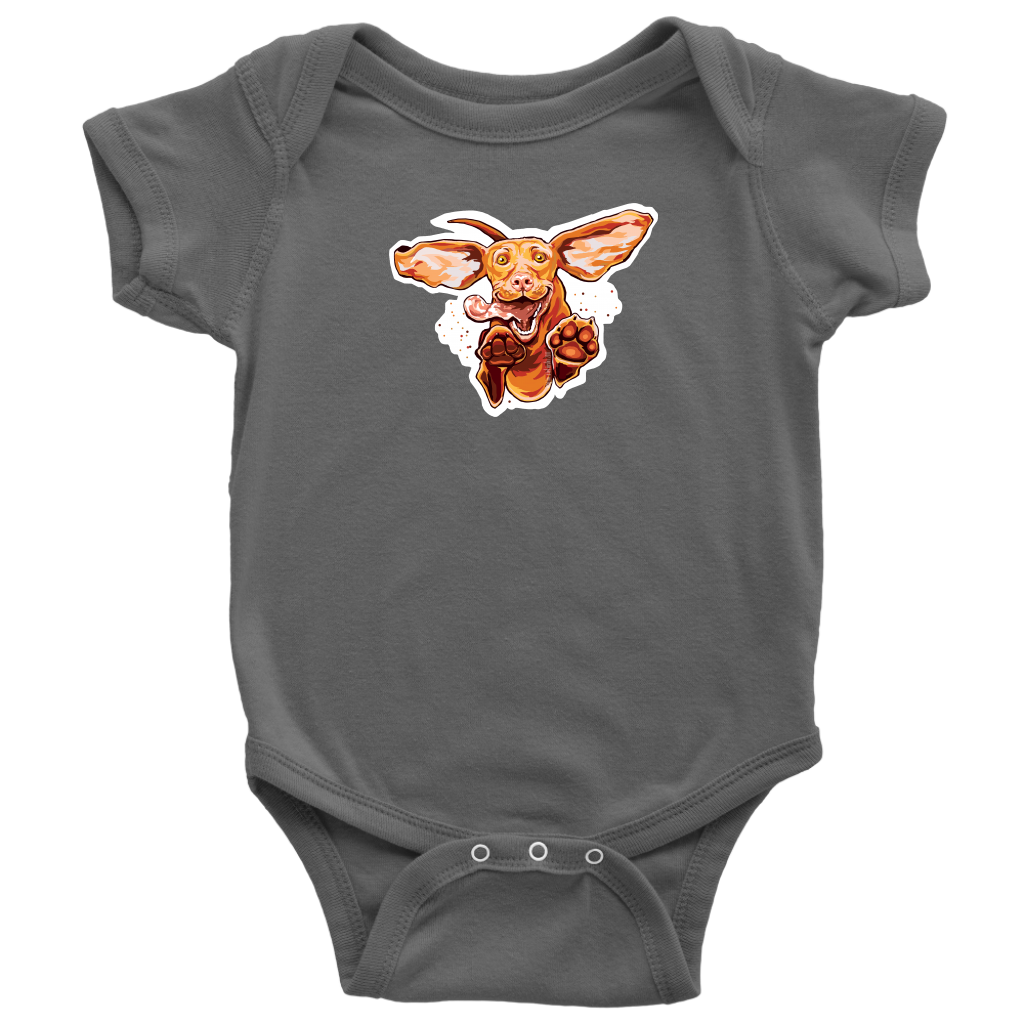  a grey onesie featuring our original Super Vizsla design on the front