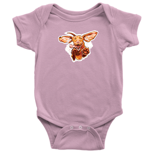  a light pink onesie featuring our original Super Vizsla design on the front