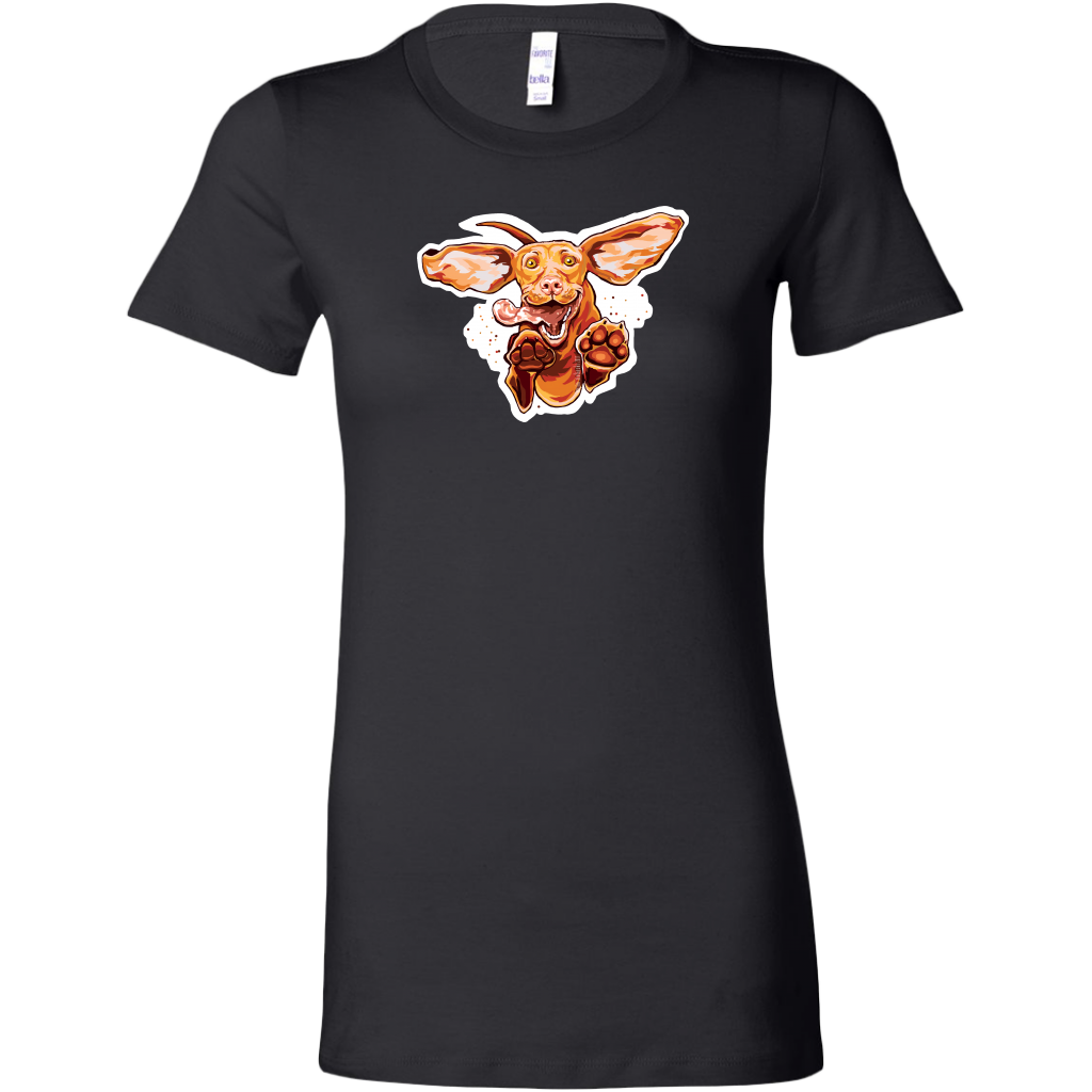 a Bella women's black t-shirt with the original super vizsla dog design