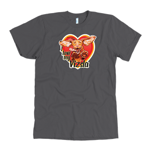 The "I love my Vizsla" design on the front of a quality men's grey t-shirt