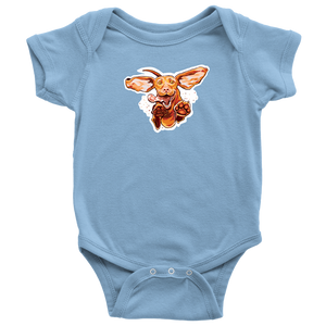  a light blue onesie featuring our original Super Vizsla design on the front