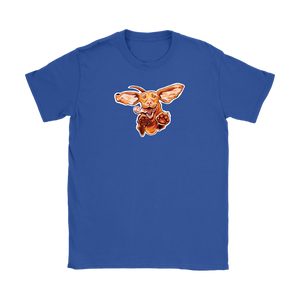 a womens royal blue tee with our original Super Vizsla dog design