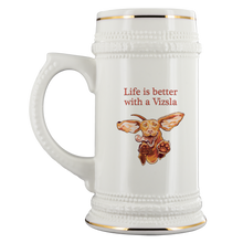 Load image into Gallery viewer, Life is better with a Vizsla Beer Stein - Jumping happy Vizsla dog original art on quality ceramic beer stein with gold accents
