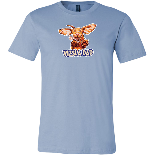 Front view of a men's blue t-shirt featuring the Vizsla Dad design