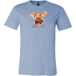 Front view of a men's blue t-shirt featuring the Vizsla Dad design