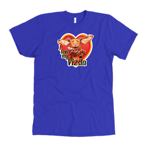 The "I love my Vizsla" design on the front of a quality men's blue t-shirt