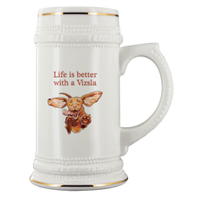 Load image into Gallery viewer, Life is better with a Vizsla Beer Stein - Jumping happy Vizsla dog original art on quality ceramic beer stein with gold accents
