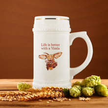 Load image into Gallery viewer, Life is better with a Vizsla Beer Stein - Jumping happy Vizsla dog original art on quality ceramic beer stein with gold accents
