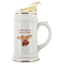Load image into Gallery viewer, Life is better with a Vizsla Beer Stein - Jumping happy Vizsla dog original art on quality ceramic beer stein with gold accents
