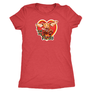  a women's red  tee featuring the I love my Vizsla design on the front