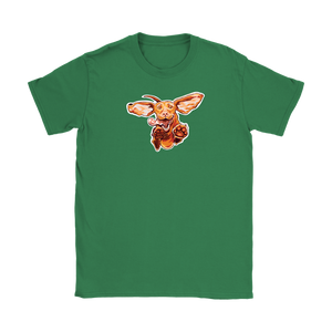 a womens green tee with our original Super Vizsla dog design