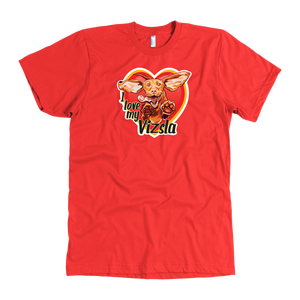 The "I love my Vizsla" design on the front of a quality men's red t-shirt